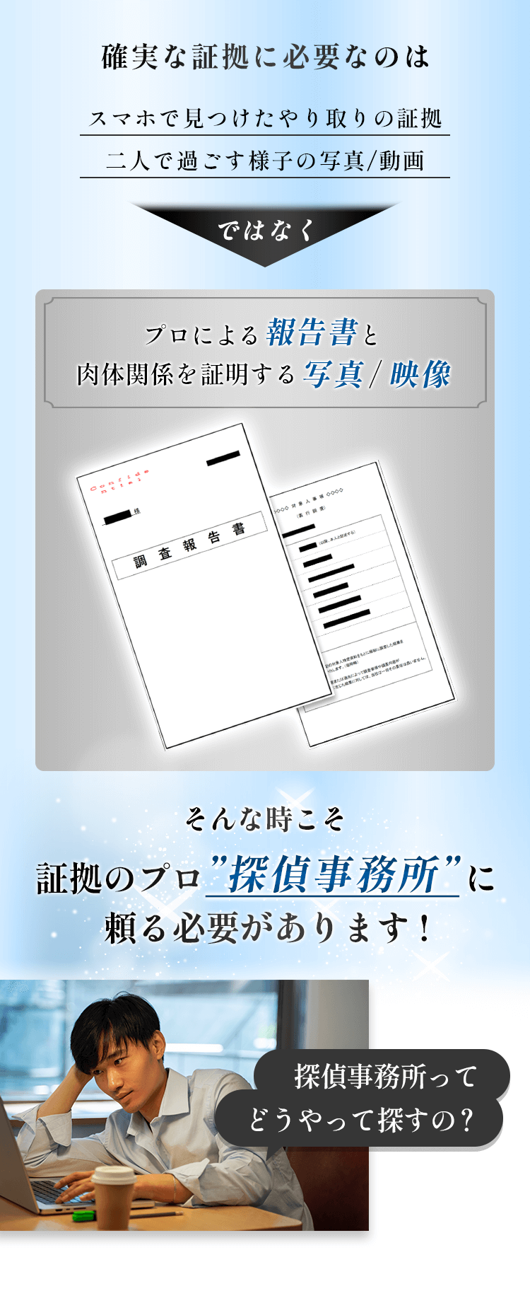 証拠のプロ探偵事務所に頼る必要があります
