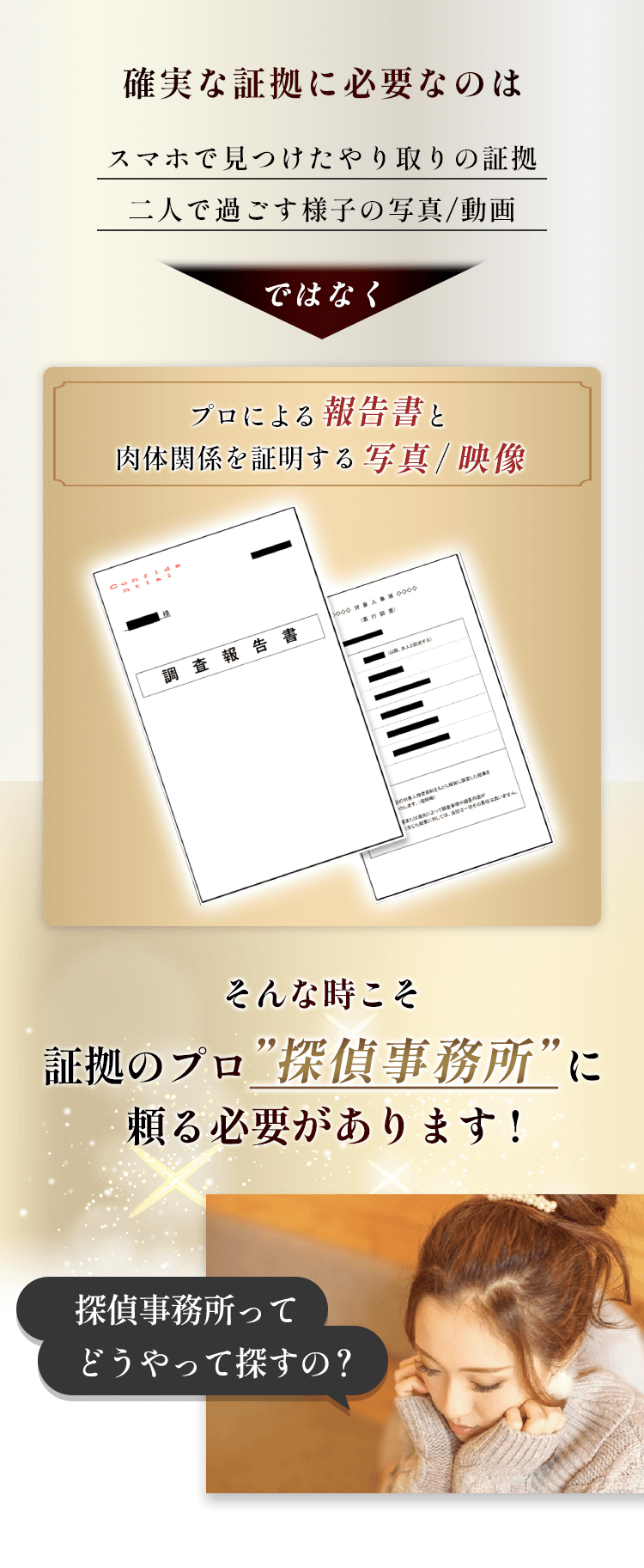証拠のプロ探偵事務所に頼る必要があります